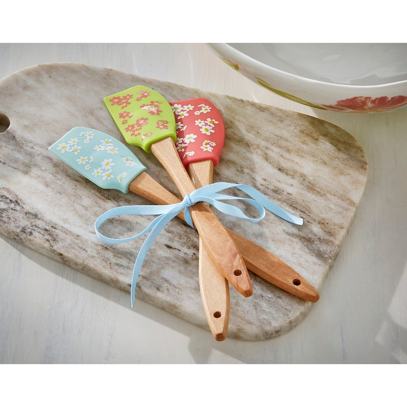 Bloom Blossom Flower Daisy Floral Print Turquoise Green and Coral Mini Silicone Wood Spatula Set Of 3, 9.1L x 1.7W inch.