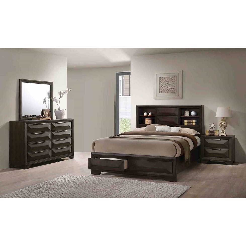 Transitional Espresso Finish 4-pc Bedroom Set Bed Nightstand Dresser Mirror