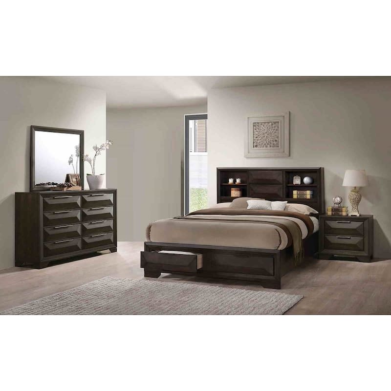 Transitional Espresso Finish 4-pc Bedroom Set Bed Nightstand Dresser Mirror