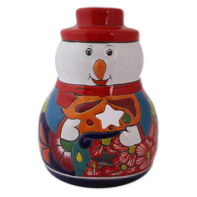 Novica Handmade Snowman Glow Ceramic Candle Holder