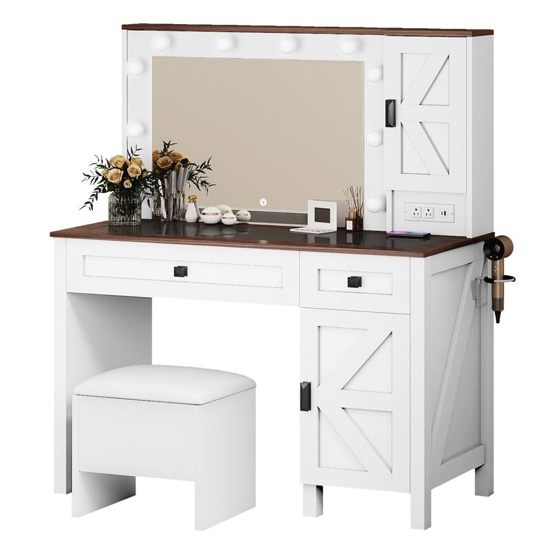 Moasis Farmhouse Makeup Vanity Desk Set with Mirror and Lights, Charging Station and Storage Stool