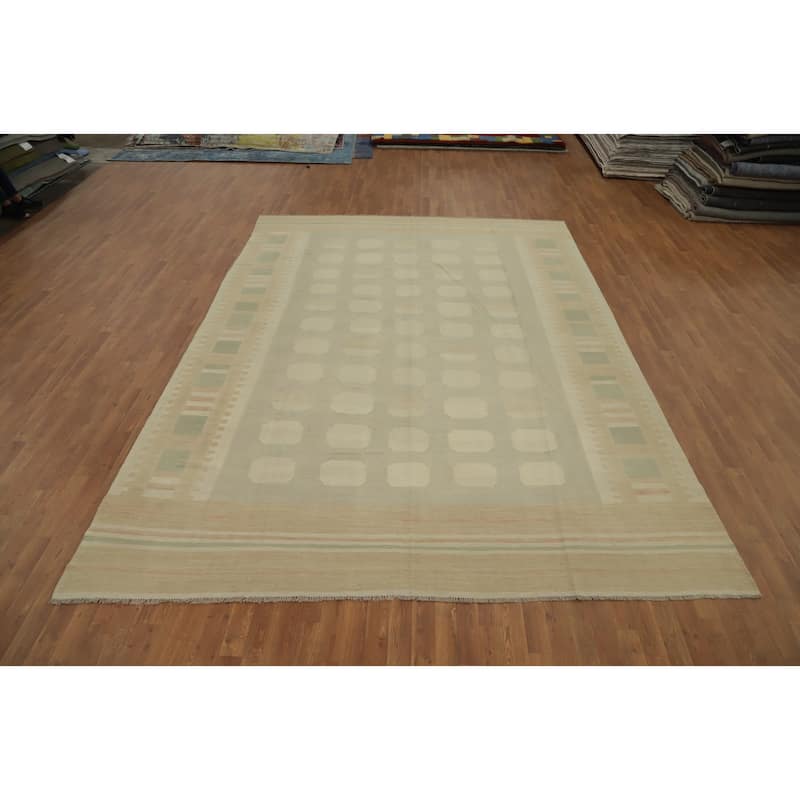Hand Woven Oriental 100% Wool Carpet Southwestern Tribal Beige & Ivories Kilim Area Rug - 12' 2'' X 8' 10''