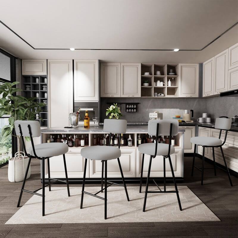 Boucle Upholstered Bar Stools Set of 2, Modern Counter Height Bar Chairs with High Back, Footrest and Metal Leg