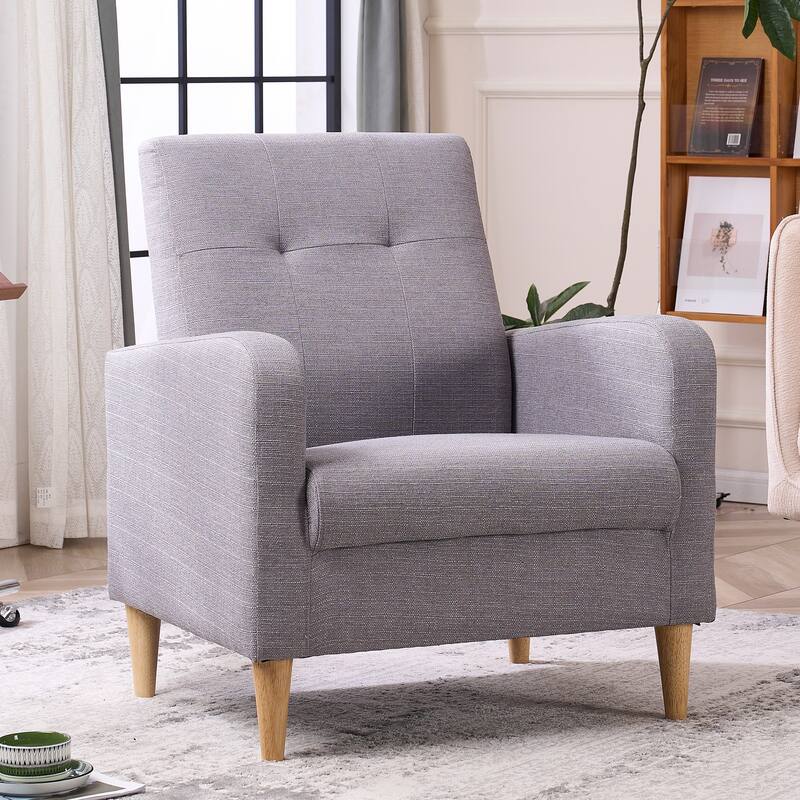 Set of 1 Fabric Upholstered Tufted Back Armchair with Natural Colored Legs - Light Grey