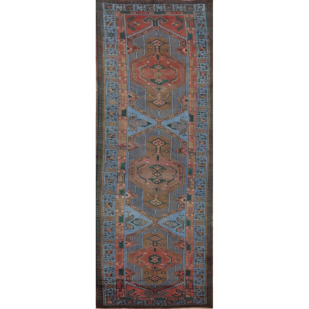 Hand Knotted Oriental 100% Wool Carpet Traditional Geometric Navy Blue & Blues Hamedan Runner Rug - 10' 6'' X 3' 3''
