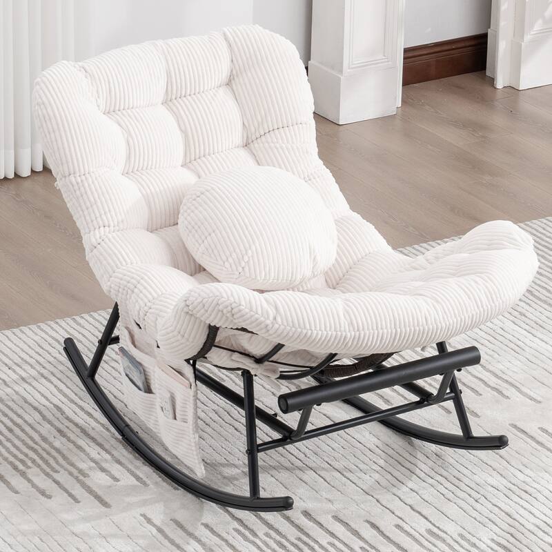 HOMEFUN Corduroy Upholstered Egg Shaped Design Steel Frame Rocking Chair with Side Pocket and Foot Pedal - Beige