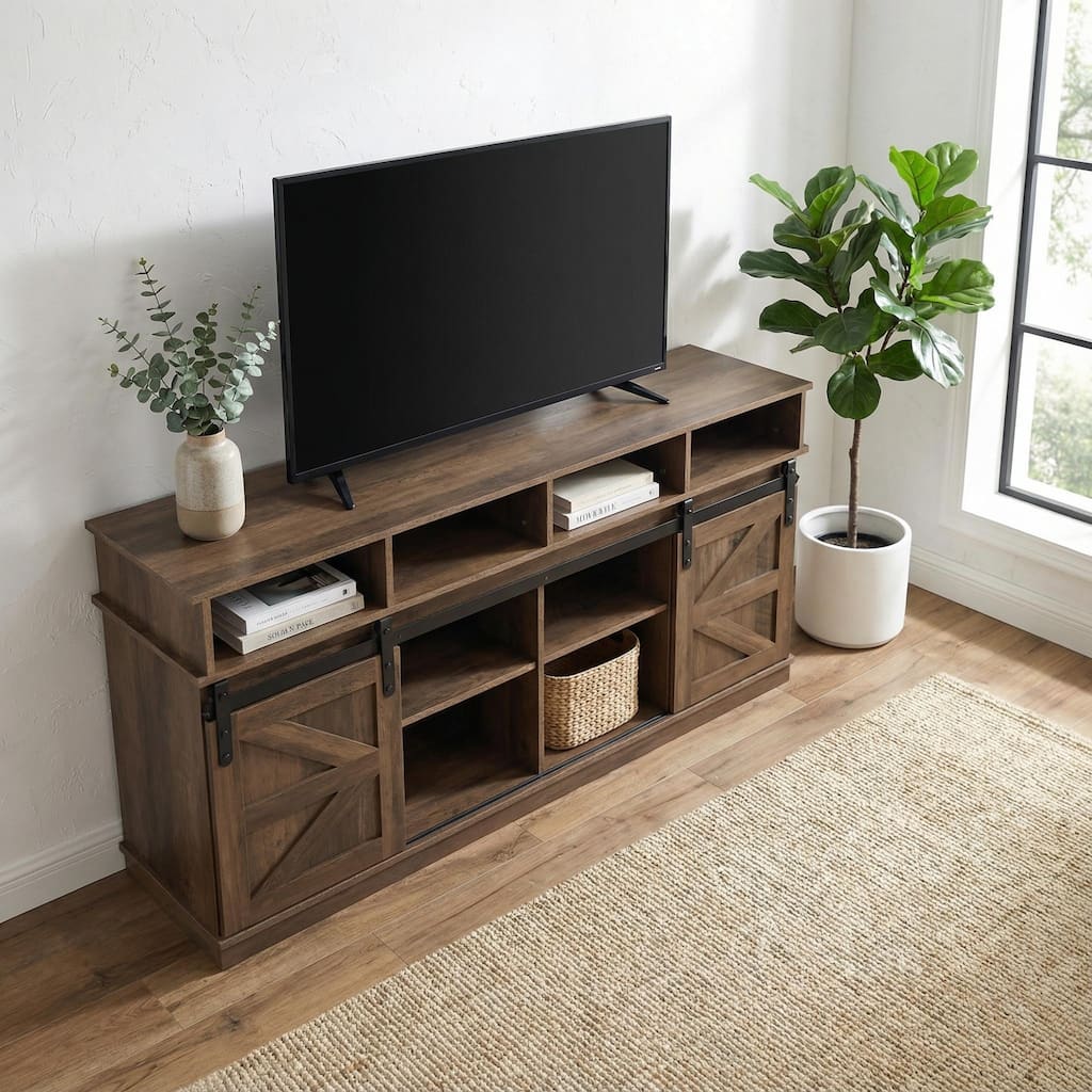 Homy Casa Farmhouse Wood Entertainment Center with Sliding Barn Doors, TV Stand for TVs up to 65" Living Room Pantry Entrway