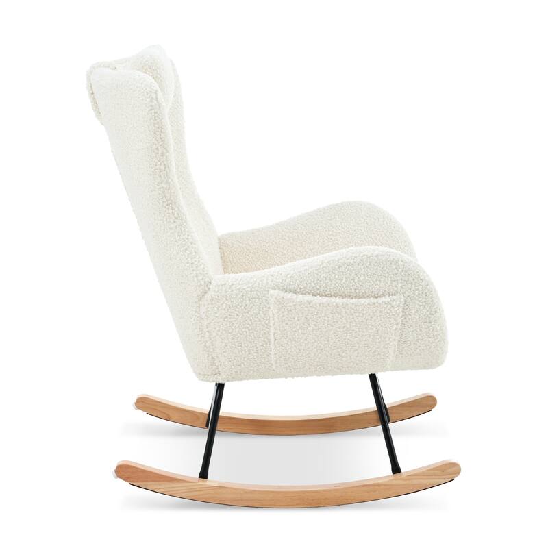 Polyester Glider Chair with Adjustable Headrest and Storage Pocket, Rubber Wood Base