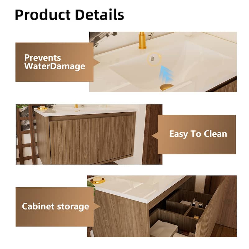 30 Inch Wall Mounted Bathroom Vanity with Ceramic Sink, Floating Cabinet with Drawers, Modern Fluted Design