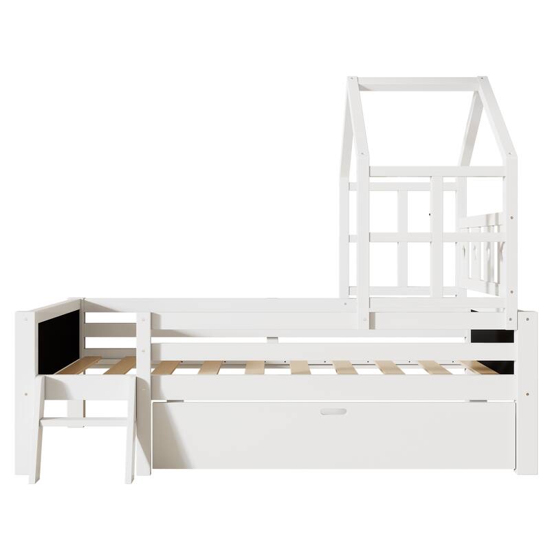 Twin Size House Bed with Ladder, Storage Drawer & Double-Sided Blackboard - No Box Spring Needed, Fun & Creative Design