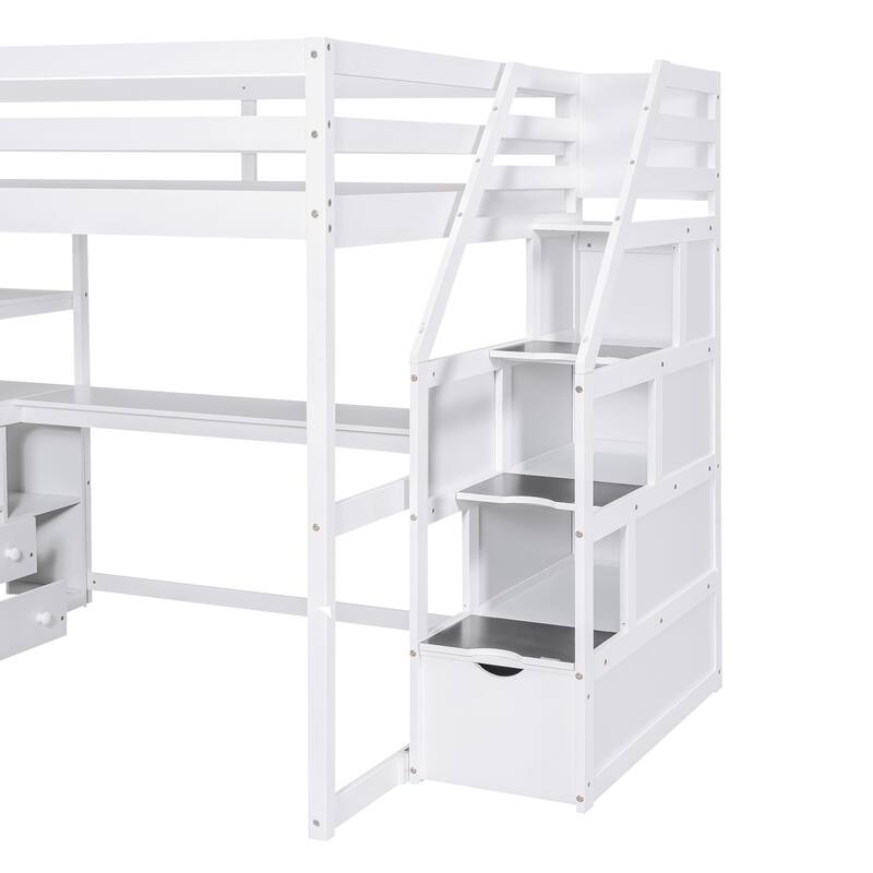 Full Size Loft Bed with Desk, Shelves, Drawers, and Storage Staircase in White