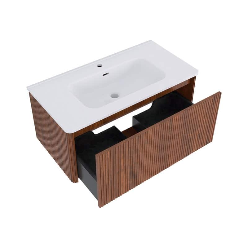 36 inch Wall-Mounted Bathroom Vanity Set in Walnut with Integrated Ceramic Sink