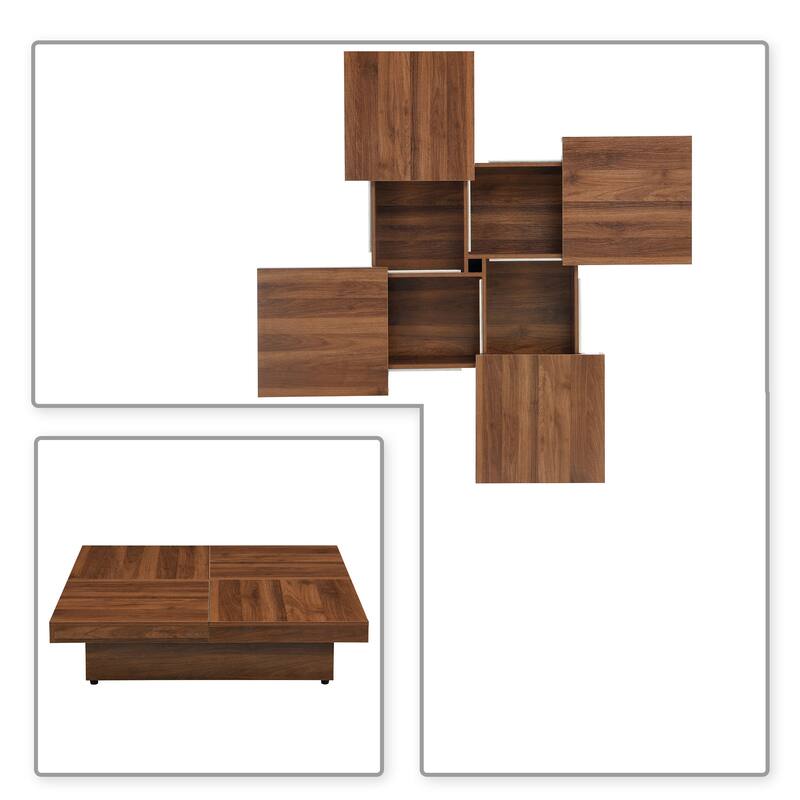 Wooden Square Coffee Table, with Four Storage Compartments Underneath Sliding Top