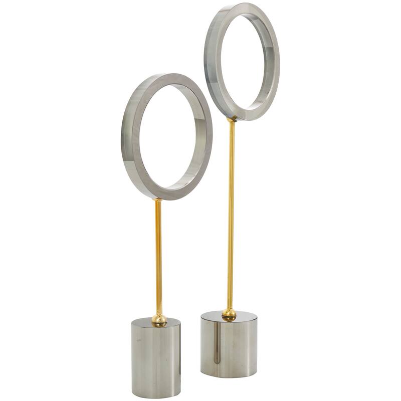 Silver Glass Round Hoop Geometric Sculpture with Gold Stands and Clear Cylinder Bases (Set of 2)