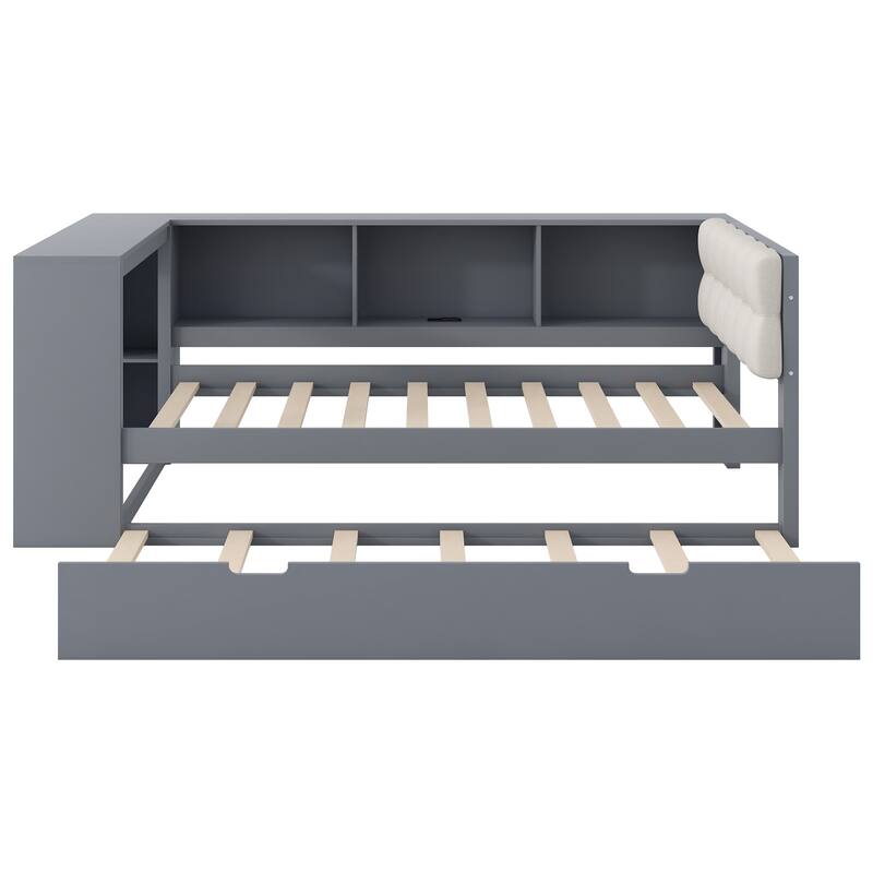 Upholstered Sofa Bed, Wood Daybed, L-shaped Bed Frame with Desk, Shelves, Charging Station, and Optional with Trundle or Drawers