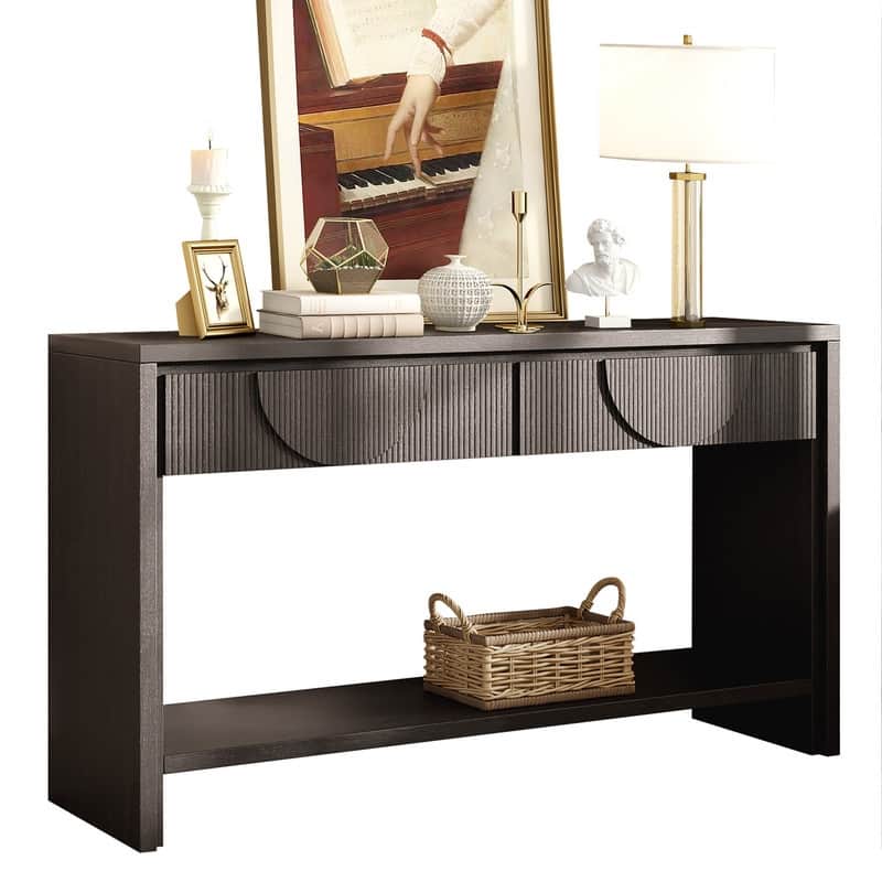 Farmhouse 55.12" Console Table with Distressed Wood Finish and Fluted Drawers for Living Rooms