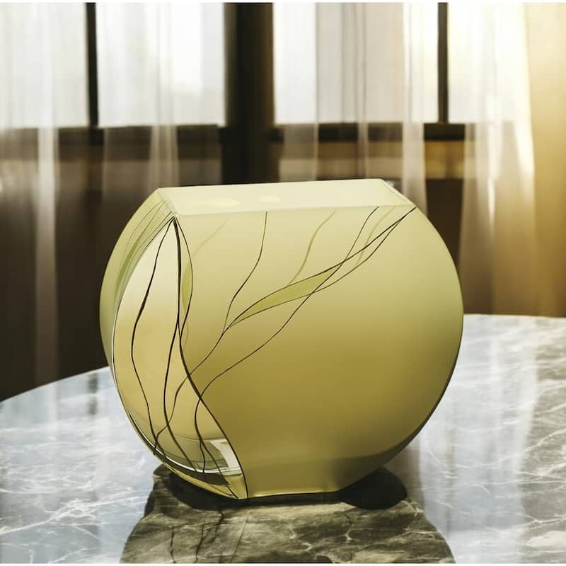 HomeRoots 9" Green Round Crystal Glass Table Vase With Sculptural Details