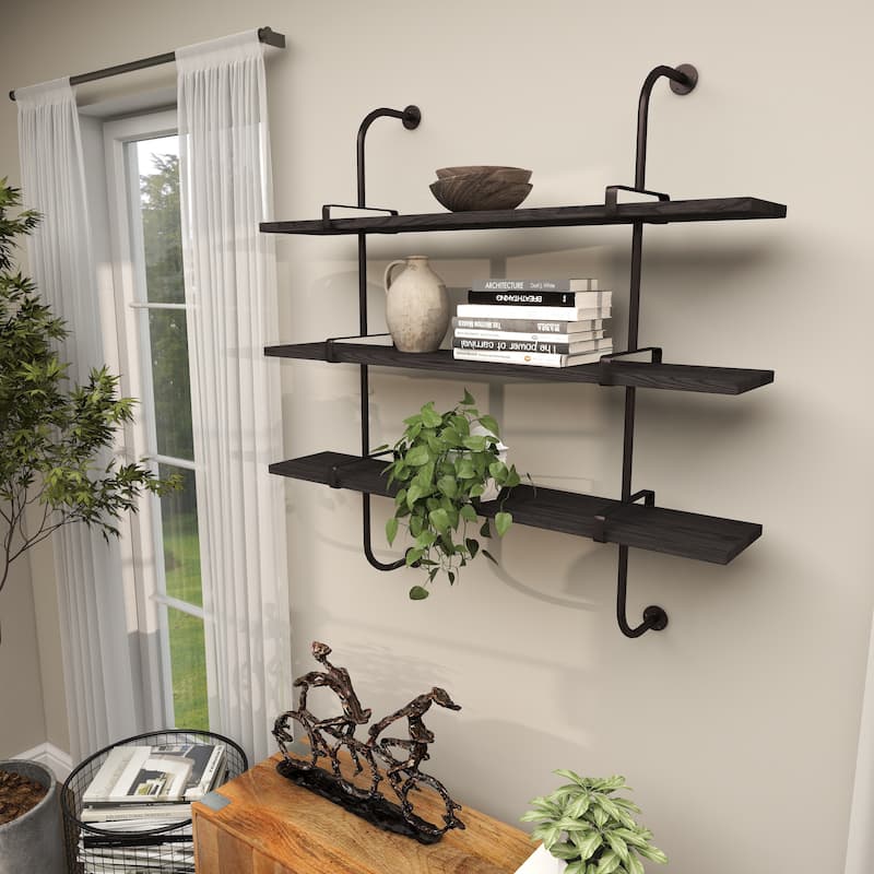 Wood 2 or 3 Level Wall Shelf with Black Metal Brackets - Brown or Gray - Roche River Decor