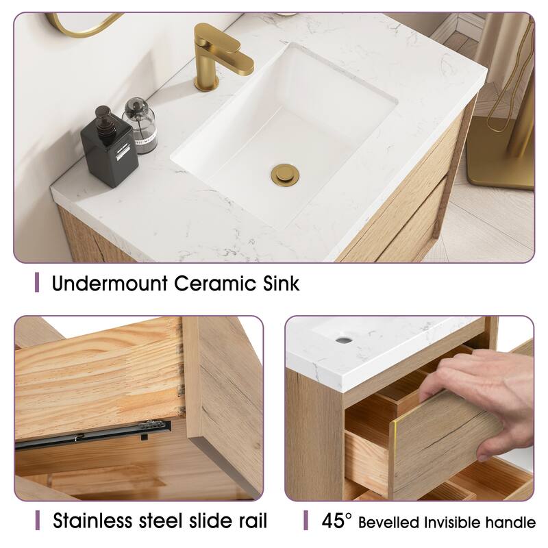 Sylphar 30 inch Bathroom Vanity with Sink, Floating Oak Cabinet with Stone Top