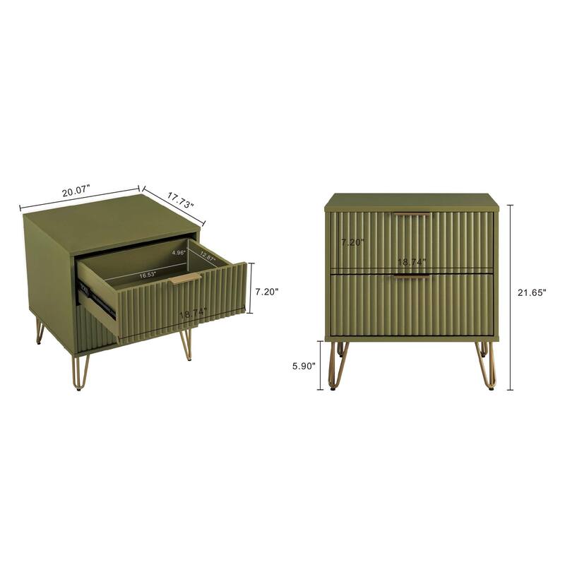 20-Inch Fluted Nightstand with 2 Drawers, Gold Metal Handles, and Splayed Legs in Olive Green
