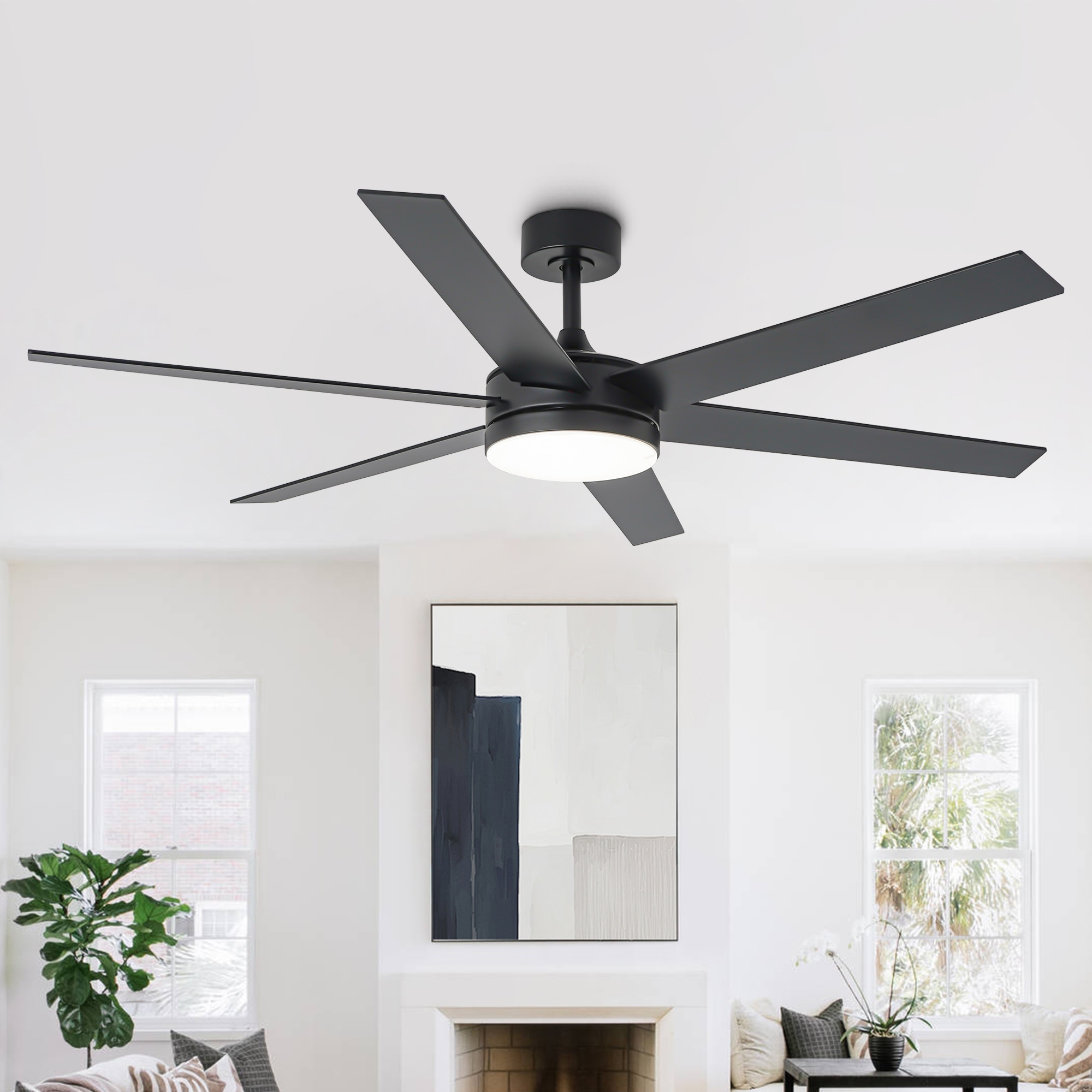 Vaczon 60-inch Modern Black Wood Integrated LED Indoor Smart Ceiling Fan with Light and APP