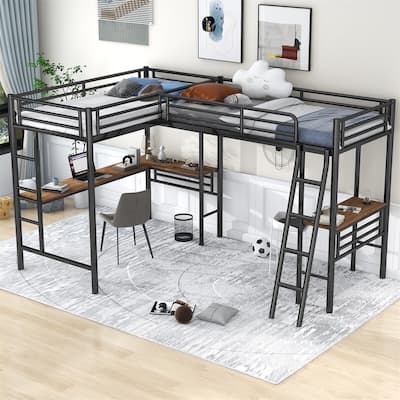 Merax Twin Metal L-shaped Loft Bed with Two Built-in Desks