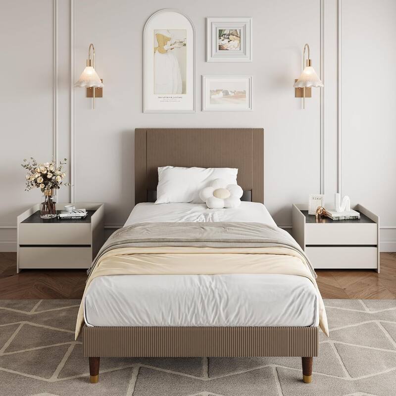 Soft Corduroy Fabric Platform Bed Frame with Upholstered Headboard, Brown - Twin