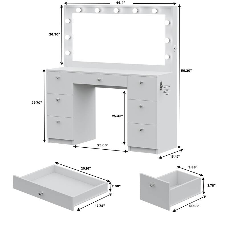 Boahaus Makeup Vanity 7 Drawers Lighted Crystal Knobs USB Port
