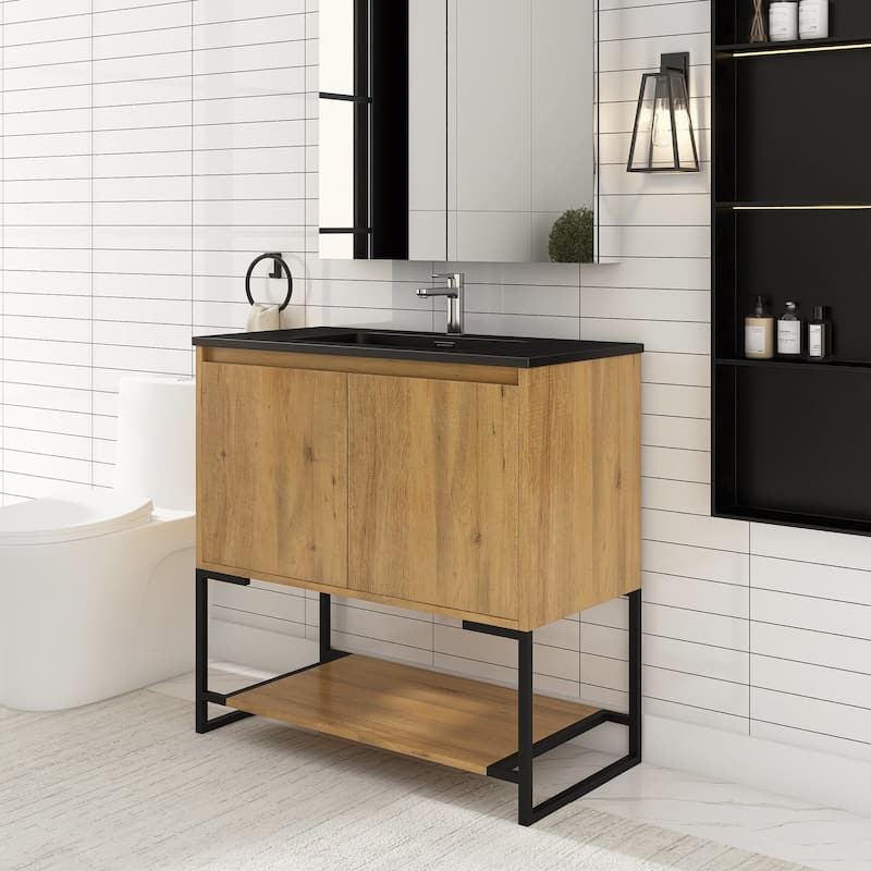 Freestanding Bathroom Vanity Set in Oak with Integrated Solid Surface Sink