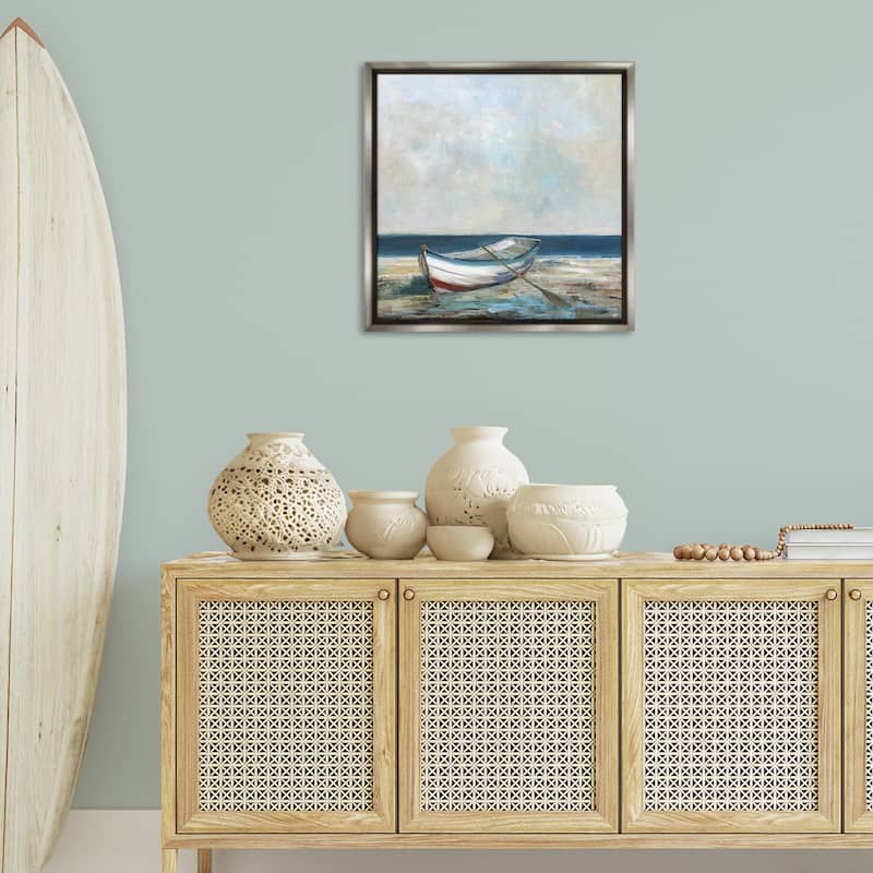 Stupell Boat & Oar on Shore Framed Floater Canvas Wall Art Design By Sally Swatland