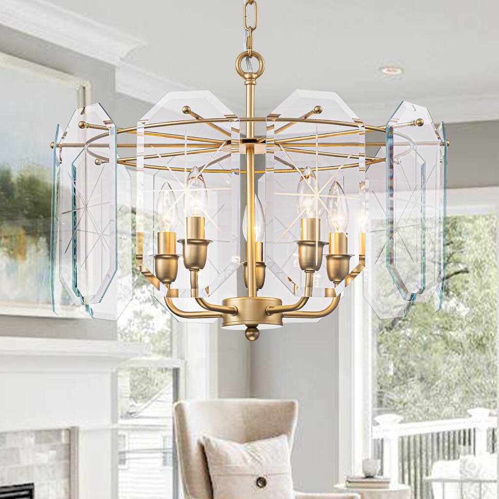 5-Light Modern Chandelier Etched Octagonal Glass Panels Gold Finish - Dia.20.87-in