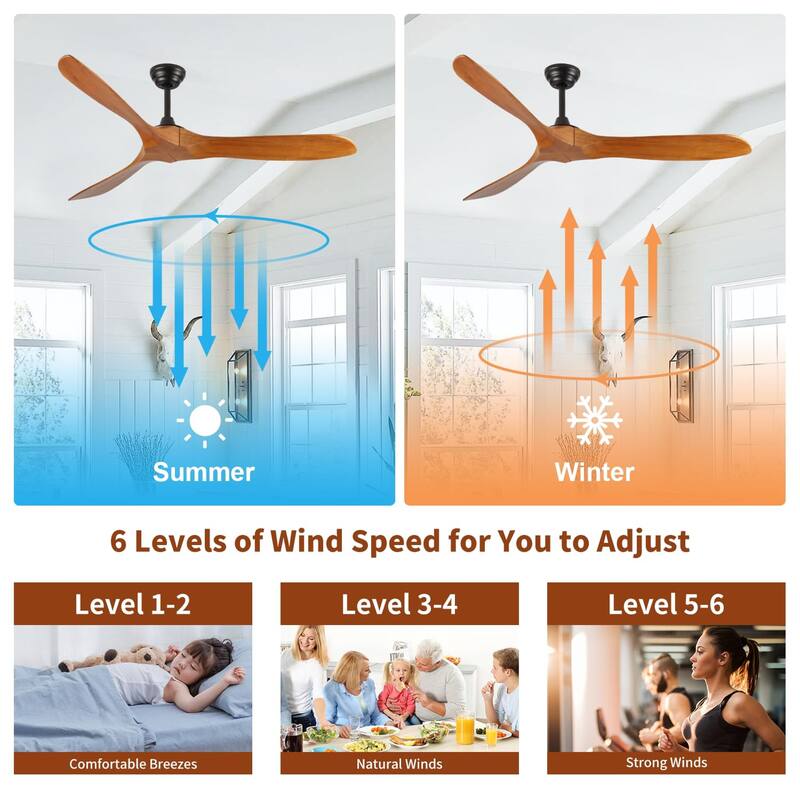 60 Inch wood Ceiling Fan No Light Without Lights for Patios Bedroom Living Room Indoor Outside Reversible ETL DC Motor