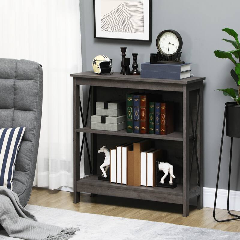 Industrial Style Corner Open Bookshelf with Storage Shelves and Metal X Bar Frame for Living Room