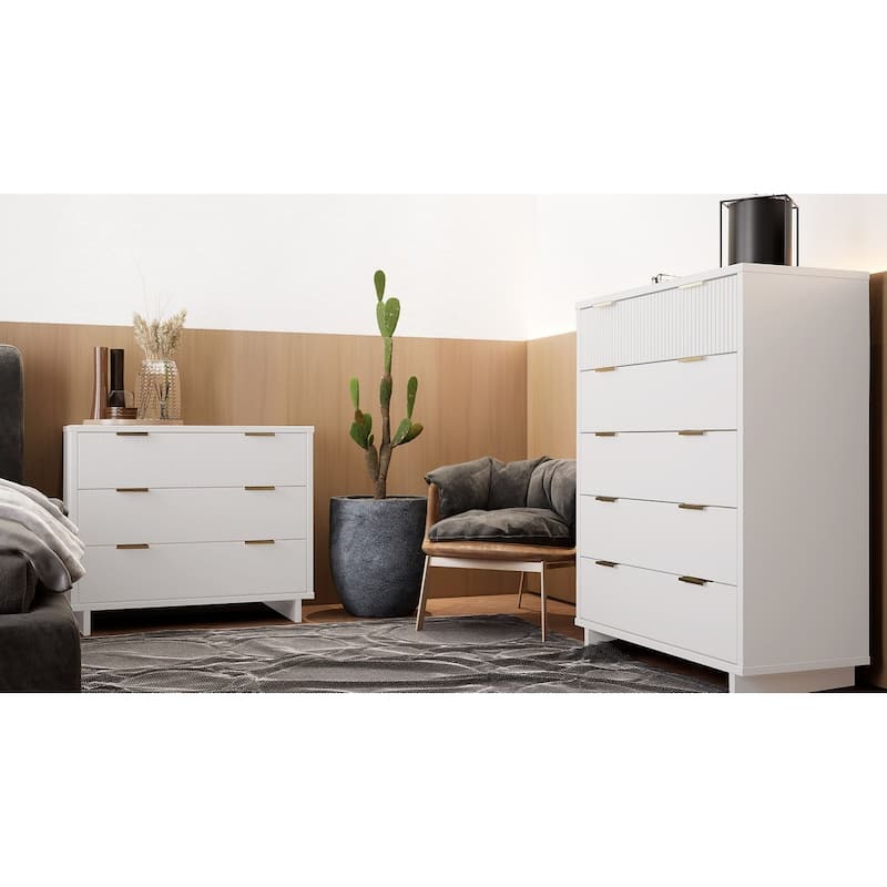 Manhattan Comfort 2-Piece Granville Modern Solid Wood Tall Chest and Standard Dresser Set - White