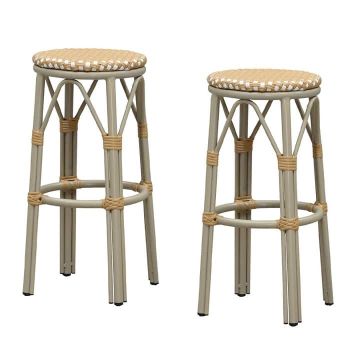 PURPLE LEAF Patio Bar Stools Set of 2 Handwoven Wicker Bar Height Stool Modern Aluminum High Bar Chairs