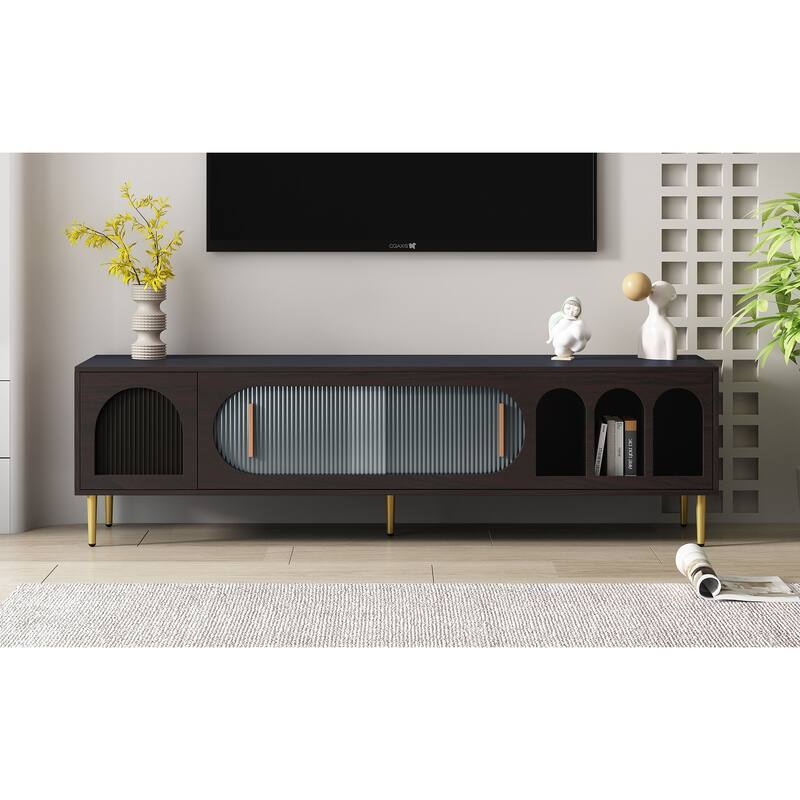 Modern TV Stand for 70+ Inch TV, Entertainment Center TV Media Console Table, with 3 Shelves and 2 Cabinets