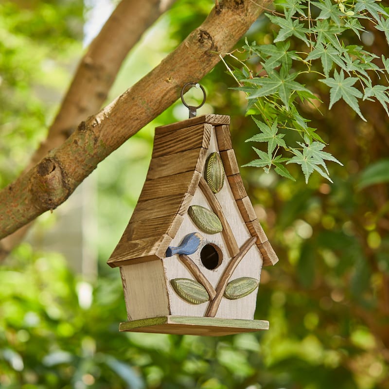 Glitzhome 12.5"H Distressed Solid Wood Birdhouse with 3D Leaves