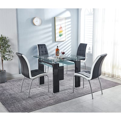 5 pieces Modern dining set, Square Double-Layer Tempered Glass Dining Table with 4 Lattice Design Leatherette Dining Chair