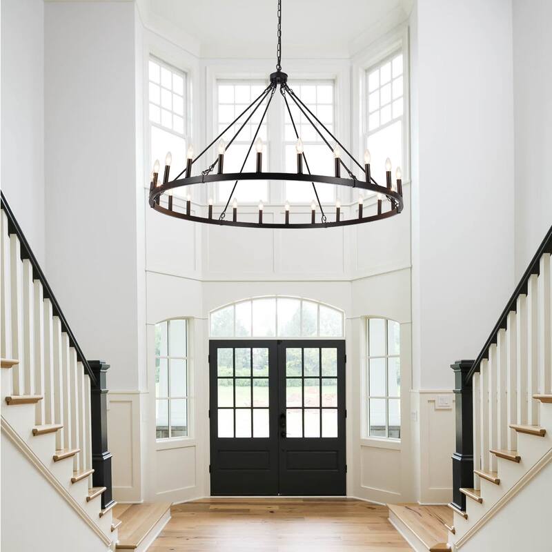 24 - Light 52in. Lagre Dimmable Wagon Wheel Chandelier Farmhouse Round Vintage Candle Style Light - N/A