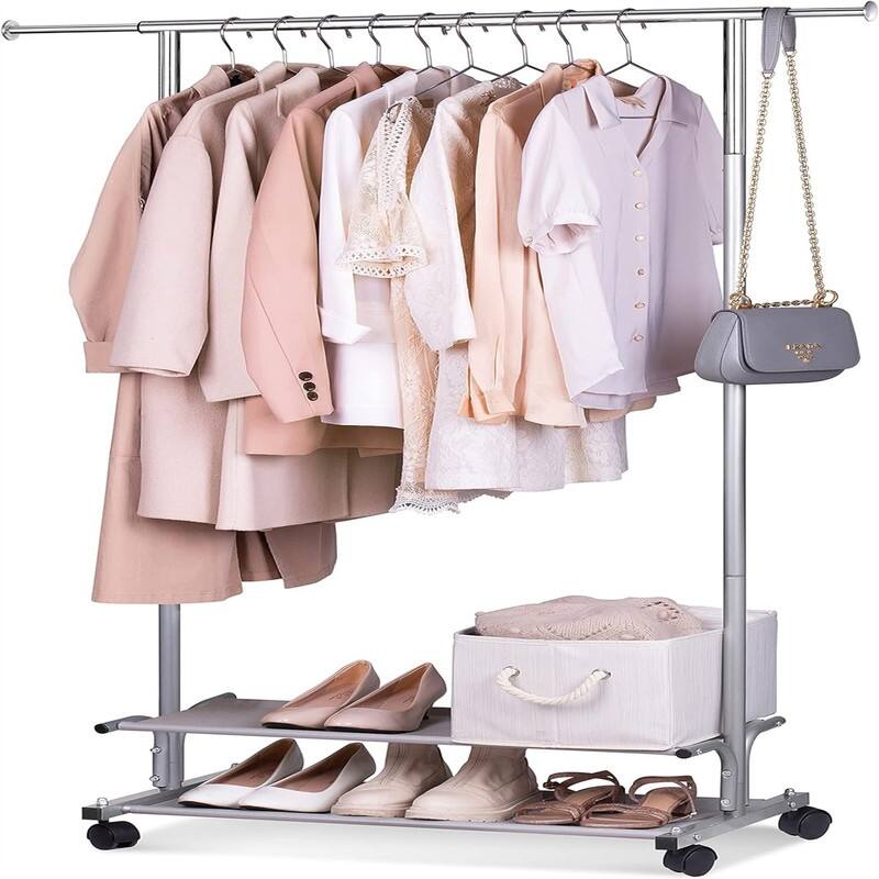 2 Shelves Clothing Racks for Hanging Clothes Hanger Rack Rolling - 15"D x 48"W x 65"H - Sliver