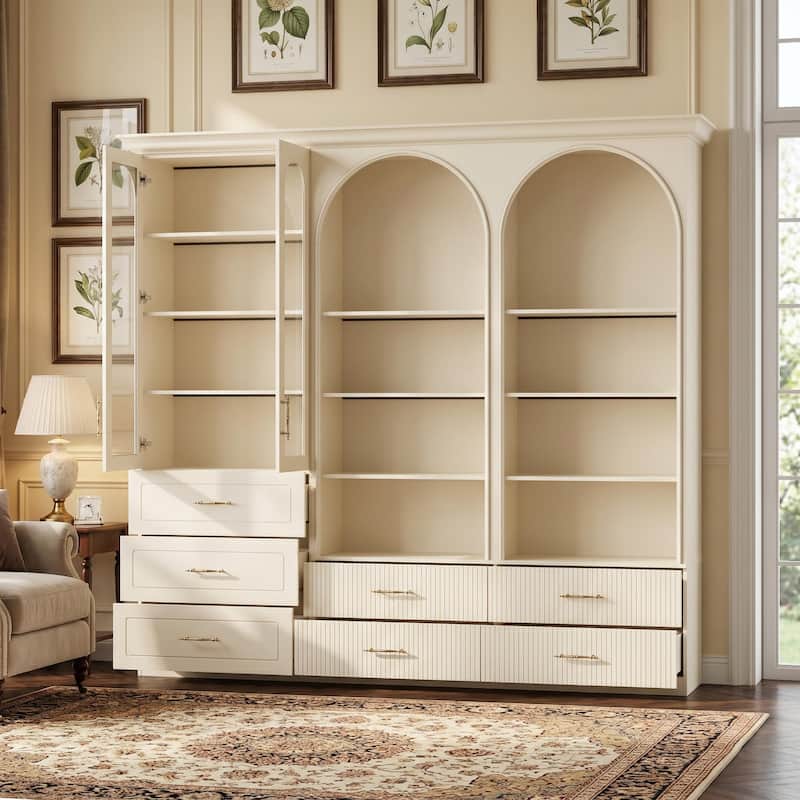 Modular Bookcase with LED Lights, Glass Door Storage Cabinet with Drawers, Large Display Shelving Unit Sideboard