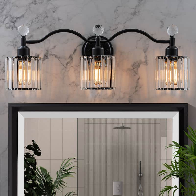 Starsky 3-Light Modern Crystal Bathroom Vanity Fixture with Ribbed Glass Shades and Sparkling Crystal Ball Accents
