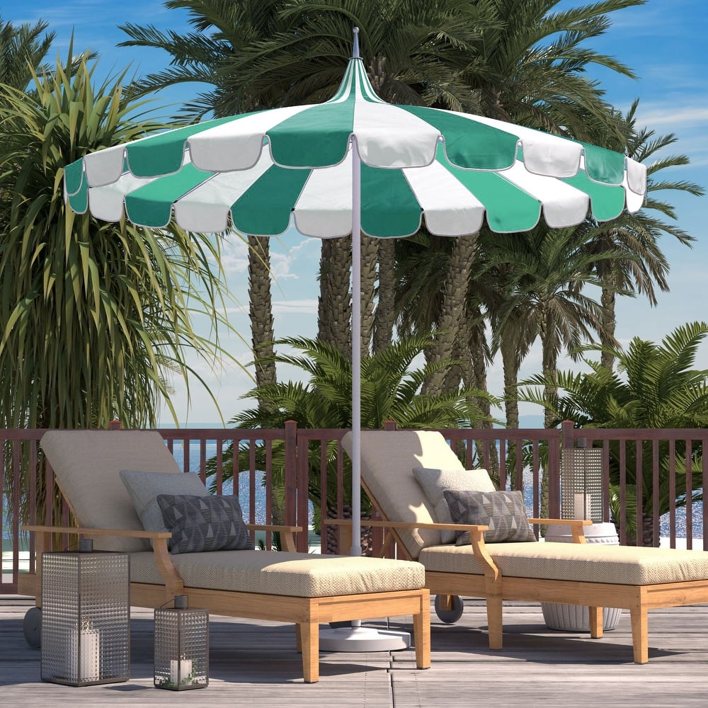 California Umbrella 8.5' Pagoda Series Patio Umbrella White Aluminum Pole Push Lift Sunbrella Natural and Pacific Blue