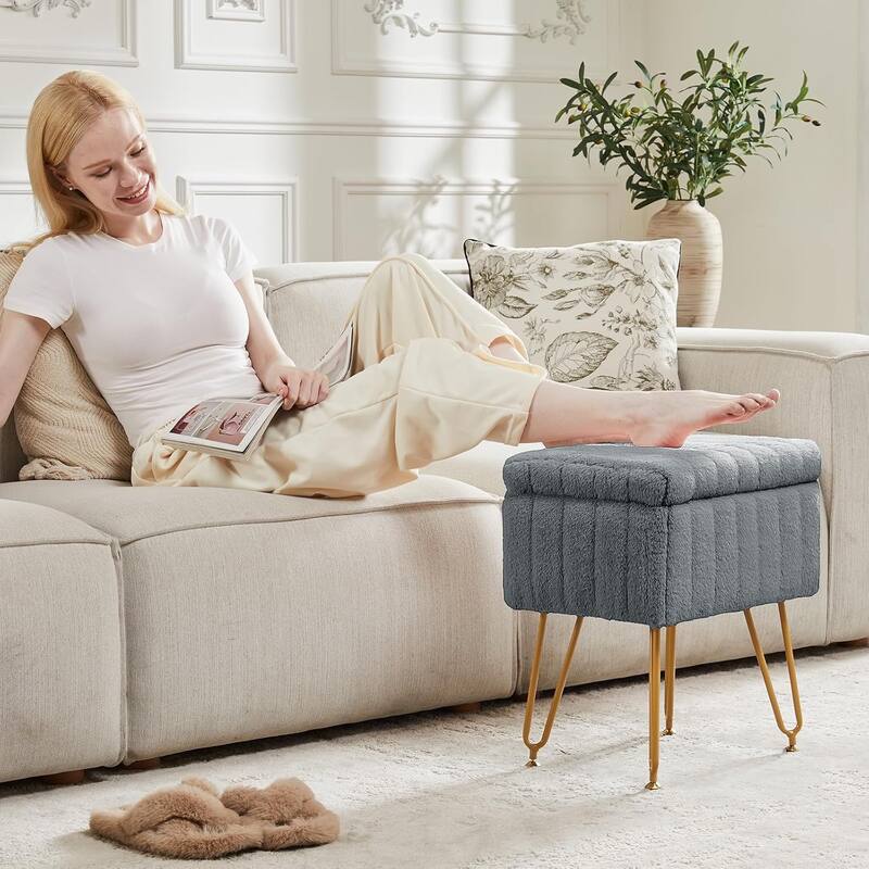 Vanity Stool Chair with Storage, Ottoman Boucle Soft Padded Makeup Footstools Seat 1PCS - 12.2"D x 16"W x 18.9"H