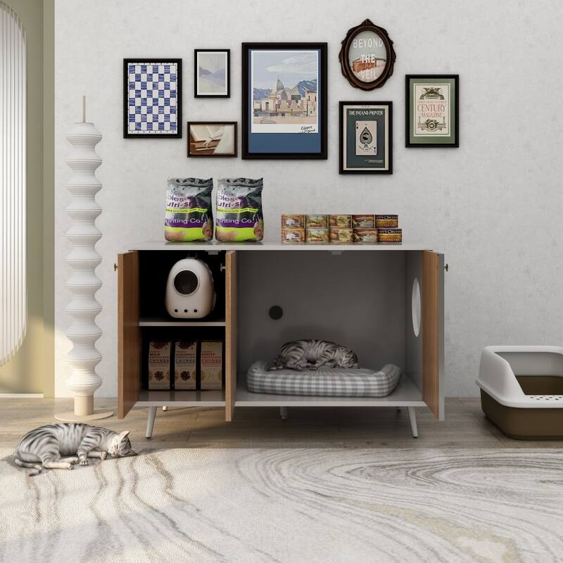Cat Litter Box with Hidden Plug 3 Doors Bench Side Table Cat House