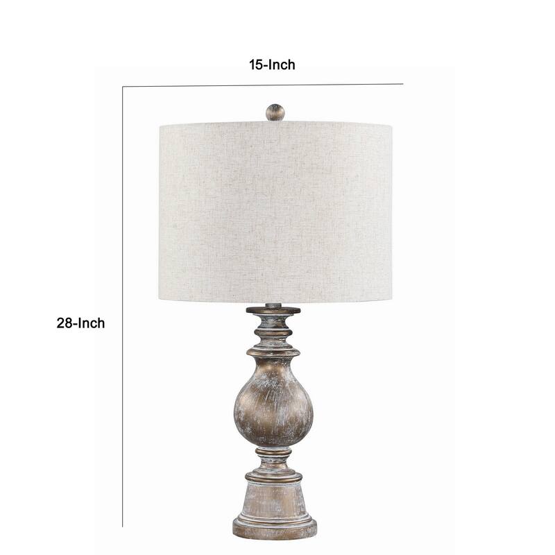 28 Inch Table Lamp, Polyresin Turned Pedestal Stand, Antique Gold Color