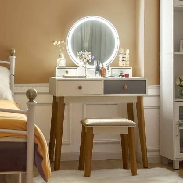 slide 2 of 7, Gymax Makeup Dressing Vanity Table Set w/ Touch Screen Dimming Mirror - See Details Multi - overstock.com/bedbathandbeyond.com - Round - Modern & Contemporary - Vanity Set - 2-Piece - Assembly Required - Screws - See Details - MDF