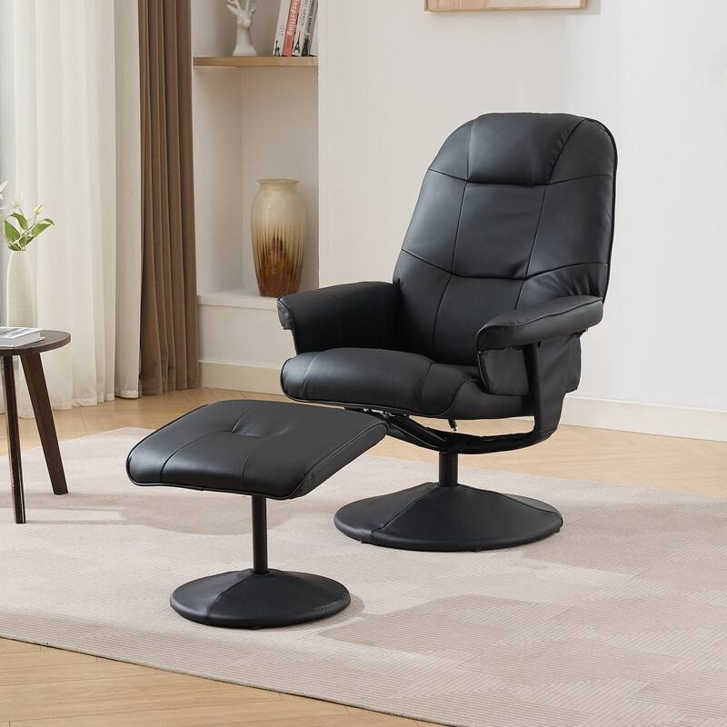 360°Swivel PU Leather Reclining Chair with Wrapped Base - Black
