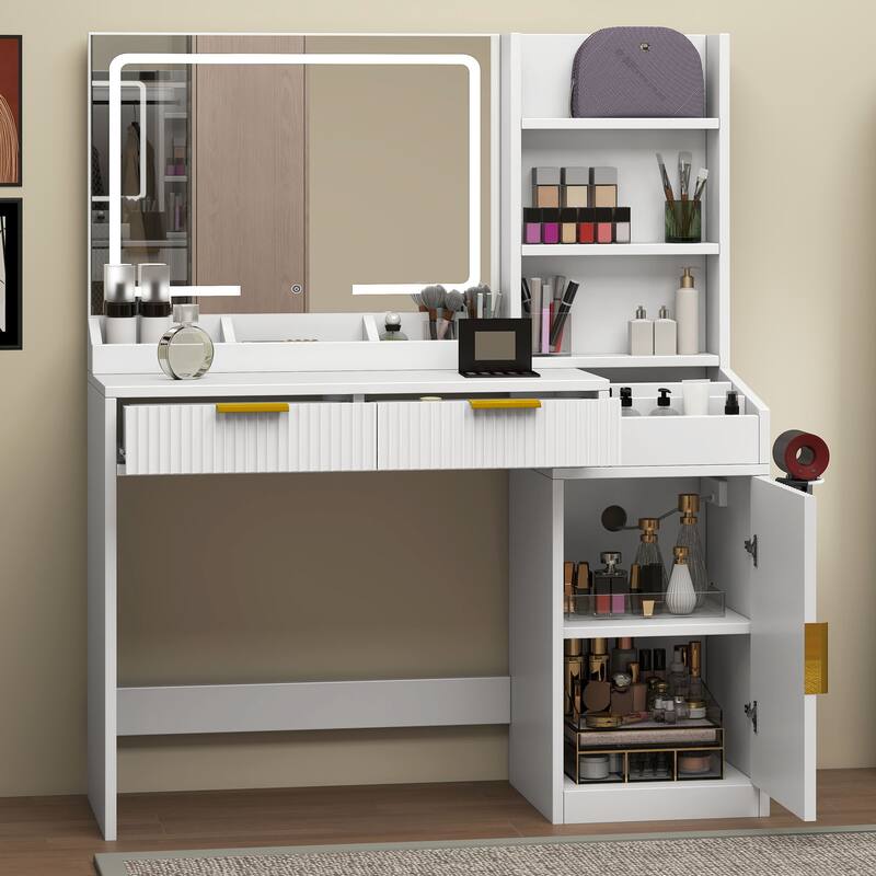 Moasis Makeup Vanity Desk with Power Outlet and 2 Drawers&3 Color Lighting Modes