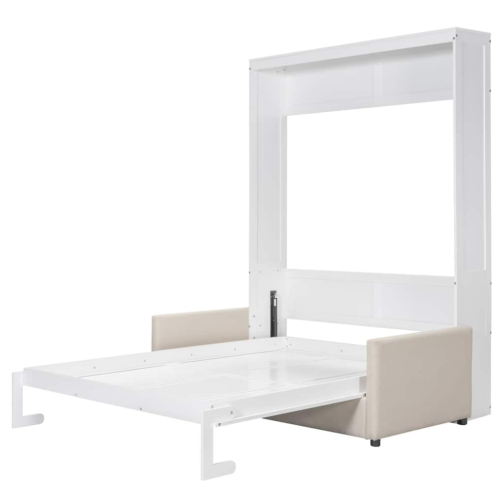 Queen Murphy Bed with Sofa, Built-in Storage, Folding Wall Bed with Pull-Down Design and Space-Saving Solution